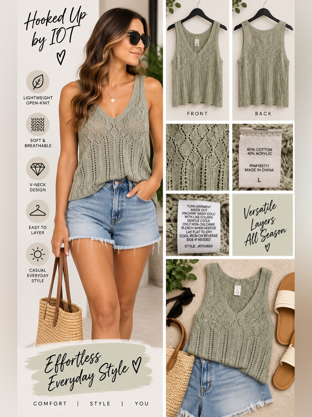 Hooked Up by IOT Sage Green Open-Knit V-Neck Tank NEW L